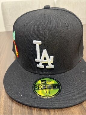 New Era  Black Hat with White LA Logo and Multicolor Side Patch 7 1/2